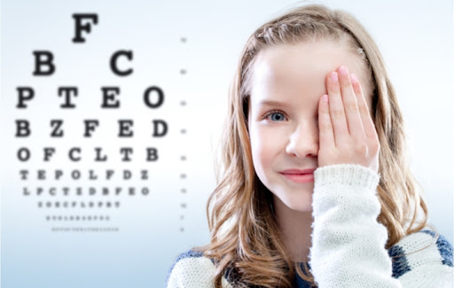 Close up portrait of girl testing her eyesight covering her left eye with her hand. There is an out of focus test chart in background on the wall.