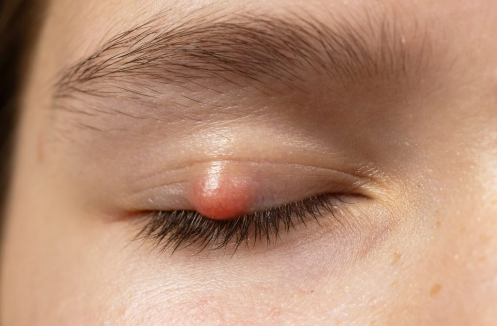 Close-up of a red, swollen lump on a person's closed eyelid.