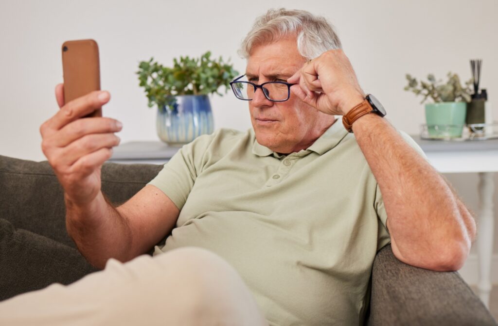 A man struggling to read his phone through is glasses.