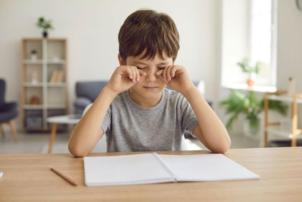 Child sitting at a desk rubbing both eyes with fists, an open notebook and pencil in front of them, in a home living area.