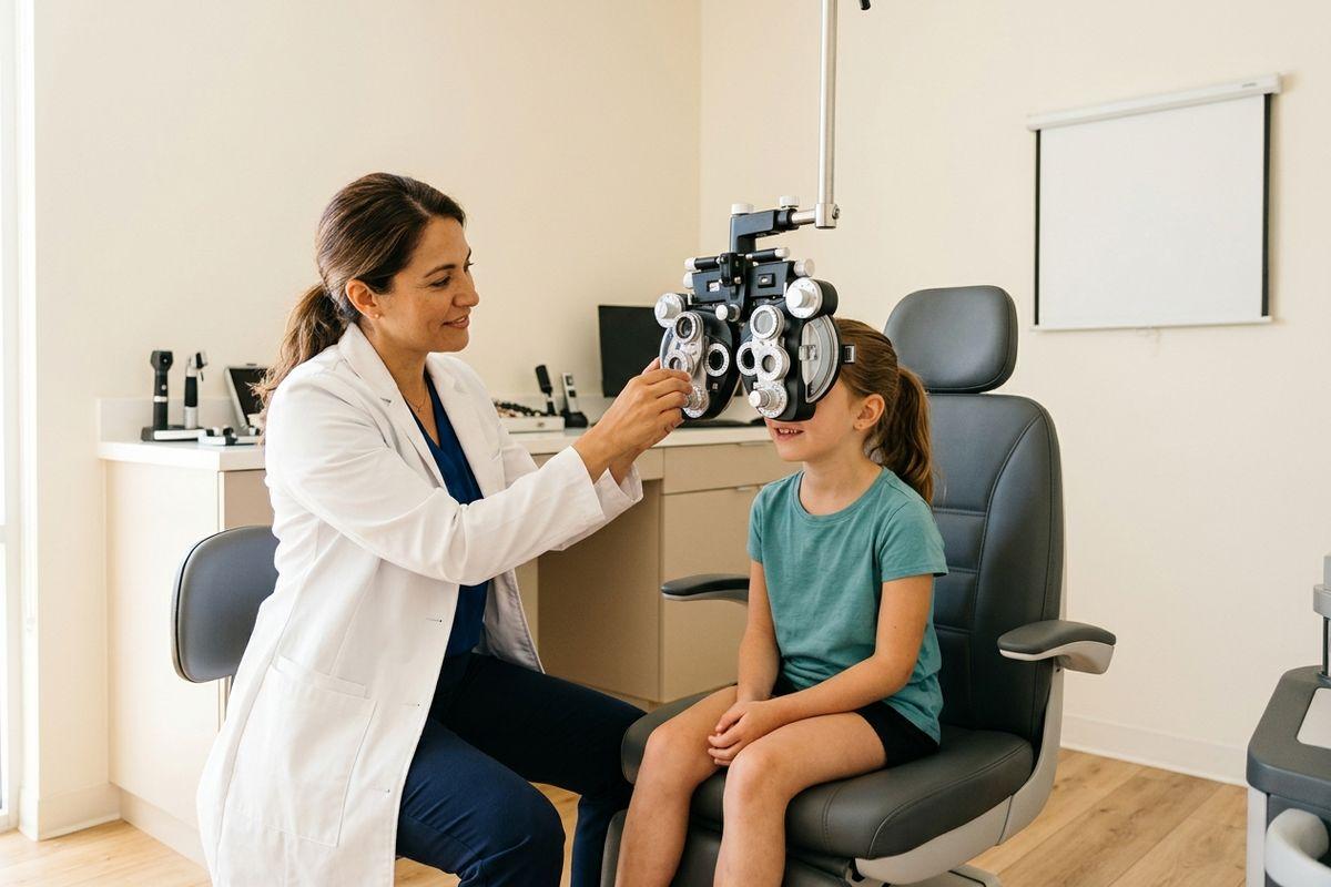 Optometrist adjusting a phoropter in front of a smiling child seated in an exam chair during an eye exam.