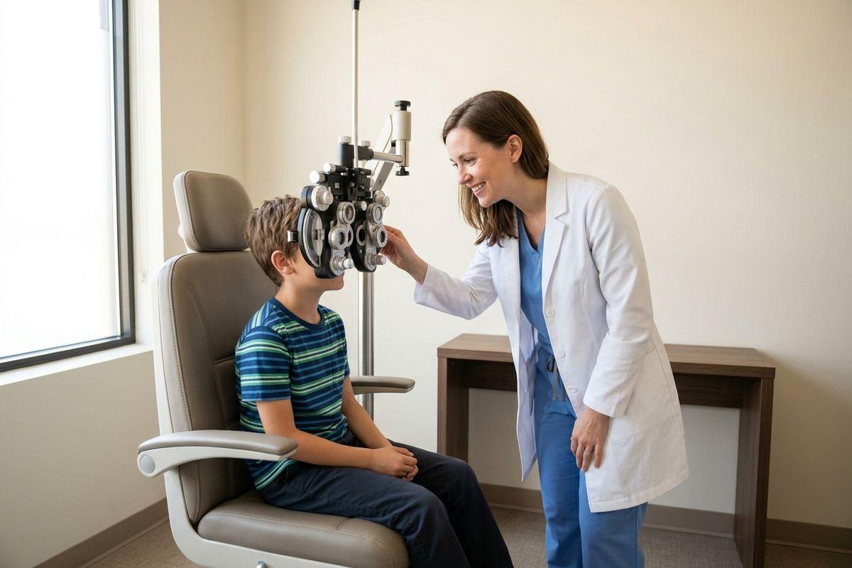 Smiling optometrist adjusting a phoropter in front of a child seated in an exam chair during an eye exam.
