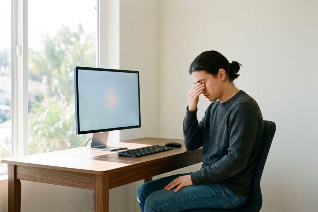 Adult sitting at a desk with a computer monitor, pressing fingers to their closed eyes, appearing strained or fatigued.