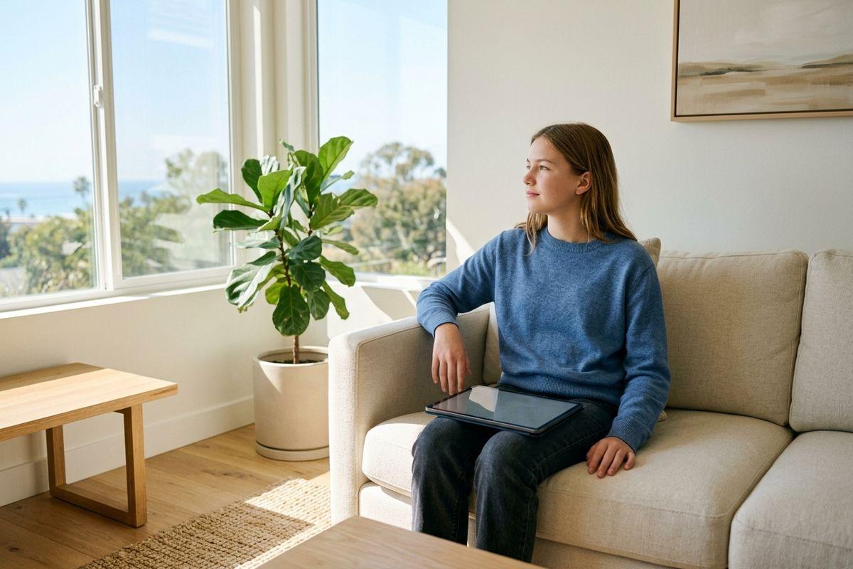 Child sitting on a sofa in a sunny living room, holding a tablet, gazing toward a window with an ocean view.